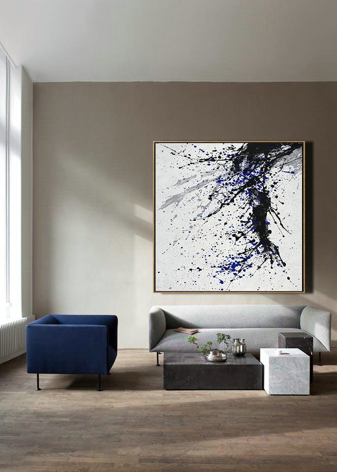 Abstract Painting Extra Large Canvas Art,Minimalist Drip Painting On Canvas, Black, White, Grey, Blue - Hand-Painted Contemporary Art
